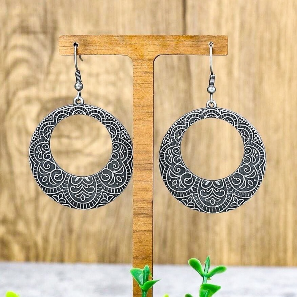 Any 3/$25! Dark Gray Engraved Circular Boho Drop Earrings - Picture 3 of 7